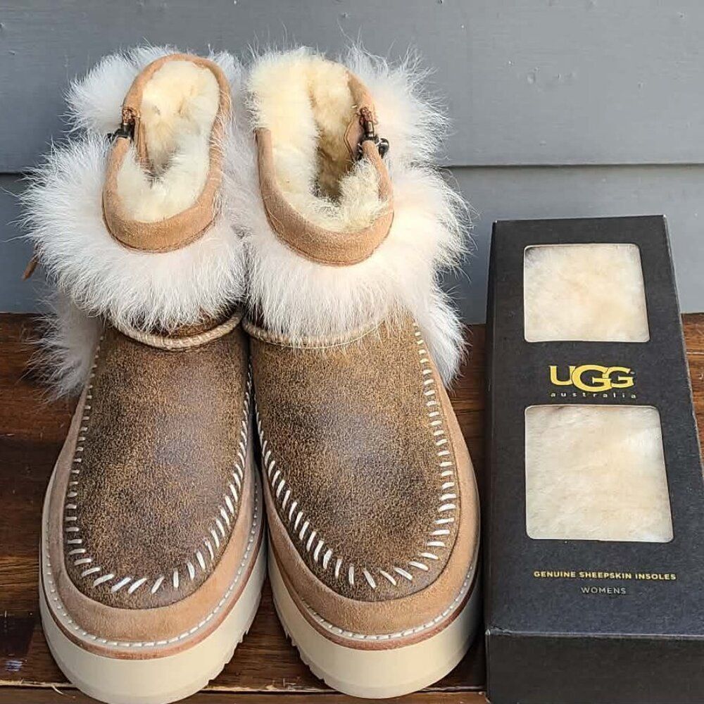 UGG Fluff Punk Toscana Chestnut Fur Zip Suede Mini Boot w Inserts